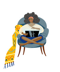 Girl doing freelance work at home. Young woman working with laptop in armchair online vector illustration. Modern lifestyle scene, remote business workplace with comfort.