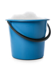 Plastic bucket with foam on white background