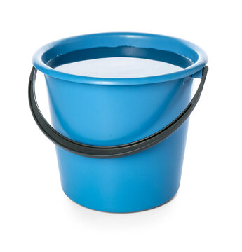 Plastic bucket with water on white background