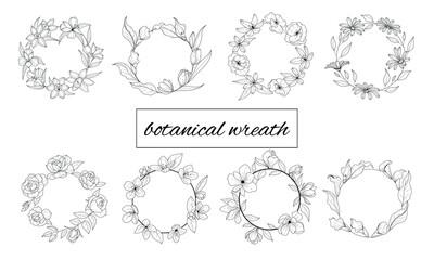 Set of floral wreaths. Botanical bouquet. Botanical flower wreath. Black and white floral illustration. Flower sketch composition
