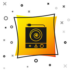 Black Electric stove icon isolated on white background. Cooktop sign. Hob with four circle burners. Yellow square button. Vector Illustration