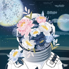Vector illustration of an astronaut wearing a space helmet decorated with various flowers against the backdrop of the planets. 