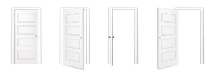 White door set. Closed, open, ajar doorway with frame vector illustration. Room entrance with handle in modern office or home. Realistic interior design element background