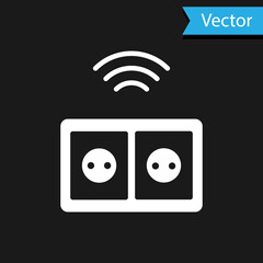 White Smart electrical outlet system icon isolated on black background. Power socket. Internet of things concept with wireless connection. Vector
