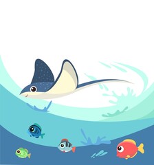 Stingray. Little landscape. Underwater life. Wild animals. Ocean, sea. Summer water. Isolated on white background. Illustration in cartoon style. Flat design. Vector art