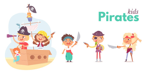 Little children as pirates having adventure set. Cute boys and girls in ship, with swords vector illustration. Captain sailing with sailor in boat, kids as characters on white background