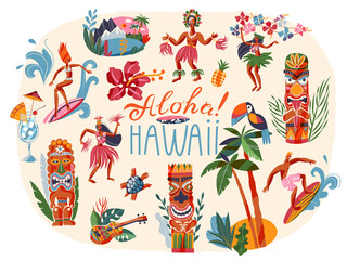 Hawaii aloha tropical summer elements set. Hawaiian party and beach vintage travel poster vector illustration. Girl dancers, man surfing, fruit, bird, tree, wooden totem figures - obrazy, fototapety, plakaty