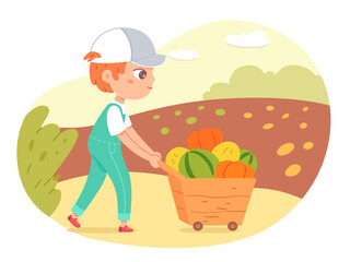 Boy working in farm or garden, walking with cart full of vegetables. Little happy kid taking harvest vector illustration. Child doing chores in agriculture in summer time