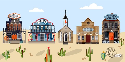 Obraz premium Wild west buildings on road horizontal background. Western American town panorama in wilderness vector illustration. Church, saloon, hotel, bank and sheriff house. Cactus and rocks on desert land.