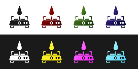 Set Camping gas stove icon isolated on black and white background. Portable gas burner. Hiking, camping equipment. Vector