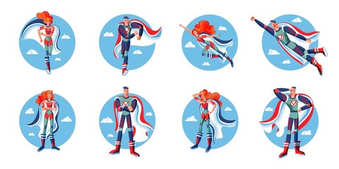 Superhero in costumes set. Cartoon comic heros with capes vector illustration. Man and woman with powers posing on blue sky background. Brave superman and superwoman standing and flying - obrazy, fototapety, plakaty