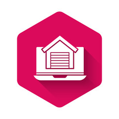 White Online real estate house on laptop icon isolated with long shadow. Home loan concept, rent, buy, buying a property. Pink hexagon button. Vector