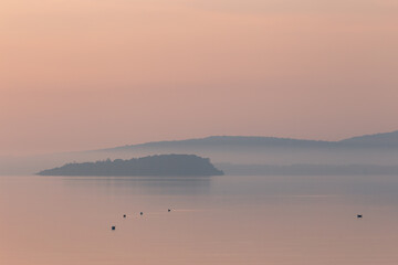 Birds on water with an island in the background at dusk