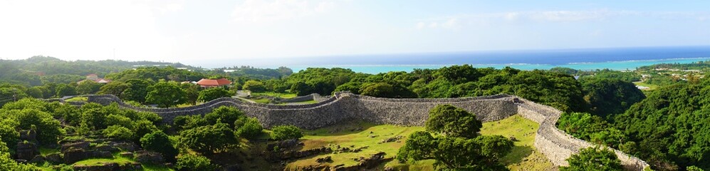 Aerial view of Nakijinjo castle ruins and the stone wall in Okinawa. Japan, panoramic view - 日本 沖縄 今帰仁城跡 城壁 パノラマ