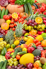 Vertical background from fresh healthy vegetables and fruits