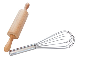 Whisk or egg beater and wooden rolling pin on white background, clipping path included.