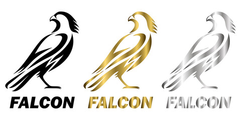 three color black gold silver line art Vector illustration on a white background of a falcon. Suitable for making logo.