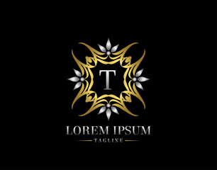  Letter T Golden Luxury Badge Logo Design. Graceful Ornate Icon Vector Design.