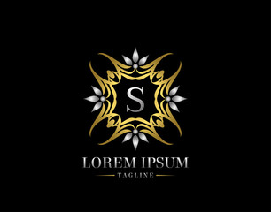  Letter S Golden Luxury Badge Logo Design. Graceful Ornate Icon Vector Design.