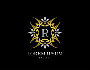  Letter R Golden Luxury Badge Logo Design. Graceful Ornate Icon Vector Design.