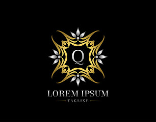  Letter Q Golden Luxury Badge Logo Design. Graceful Ornate Icon Vector Design.