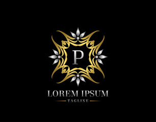  Letter P Golden Luxury Badge Logo Design. Graceful Ornate Icon Vector Design.