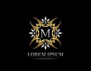  Letter M Golden Luxury Badge Logo Design. Graceful Ornate Icon Vector Design.