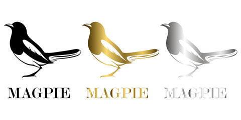 three color black gold silver Vector illustration on a white background of a magpie Suitable for making logo - obrazy, fototapety, plakaty