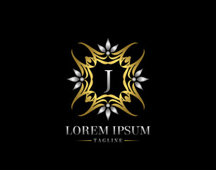 Letter J Golden Luxury Badge Logo Design. Graceful Ornate Icon Vector Design.