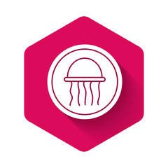White Jellyfish on a plate icon isolated with long shadow. Pink hexagon button. Vector.