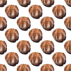 Fresh homemade rustic rye round bread seamless pattern isolated on white background, top view, square frame.