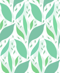 Seamless pattern with silhouettes of petals. Texture with green leaves on white background. Simple vector wallpaper with falling leaves. Natural decorative fabric