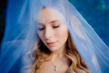 beautiful bride with long wavy hair under the veil. Wedding make-up. 