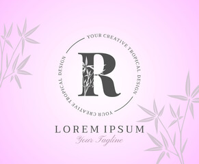 Feminine Letter R Logo with Bamboo Leaves Texture Design Logo Icon. Creative Tropical Beauty Alphabetical Nature Logo Template.