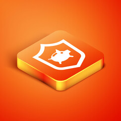 Isometric Piggy bank with shield icon isolated on orange background. Saving or accumulation of money, investment. Insurance concept. Vector.