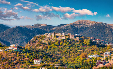 Colorful spring view of Castle of Himara, Vlore. Sunny morning scene of , Albania, Europe....