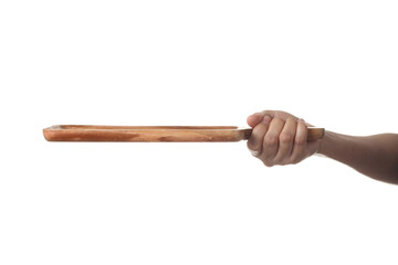 Chef holding wooden cuttingboard on white background