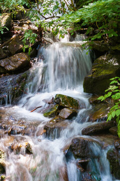 stream among the stones in the forest. water flows down the small cascades. wonderful nature background. freshness concept