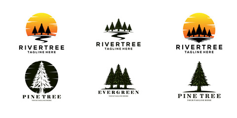 set of evergreen pine tree logo vintage with river creek vector emblem illustration design - obrazy, fototapety, plakaty