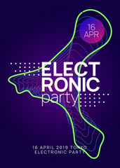 Neon club flyer. Electro dance music. Trance party dj. Electronic sound fest. Techno event poster.