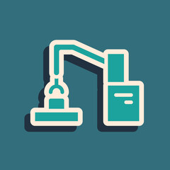 Green Industrial machine robotic robot arm hand factory icon isolated on green background. Industrial robot manipulator. Long shadow style. Vector