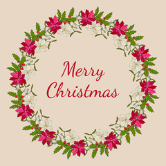 Christmas wreath with poinsettia flowers, holly and mistletoe