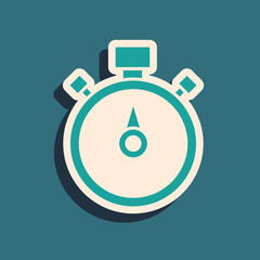 Green Stopwatch icon isolated on green background. Time timer sign. Chronometer sign. Long shadow style. Vector