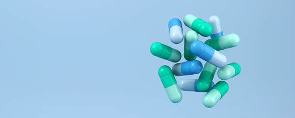 Blue green pills on blue background. Medical 3d illustration.