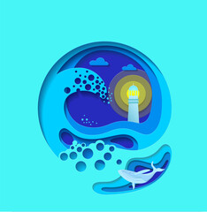 vector illustration with effect paper cut. ocean waves