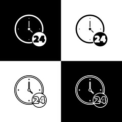 Set Clock 24 hours icon isolated on black and white background. All day cyclic icon. 24 hours service symbol. Vector