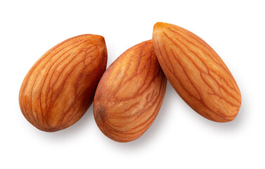 Almond isolated. Almonds on white background. Three almond nuts top view. With clipping path. Full depth of field.