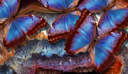 bright blue tropical morpho butterflies on the background of colorful opal stone