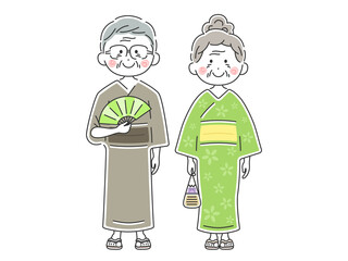 浴衣を着た年配カップルのイラスト