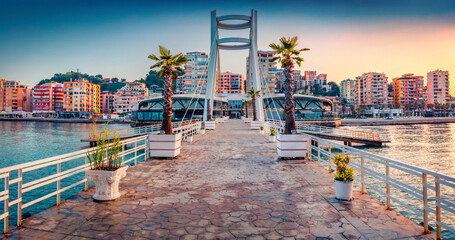 Impressive sunrise in Durres, port city on the Adriatic Sea in western Albania, Europe. Wonderful...
